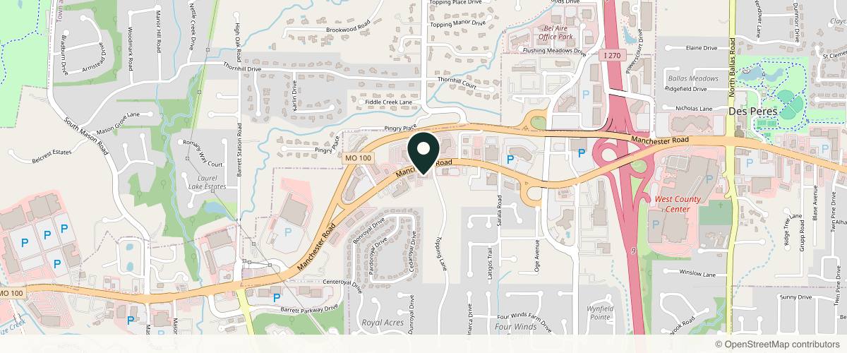 Map showing the exact location of St. Louis Skin Solutions at 13100 Manchester Rd #250, St. Louis, MO 63131, USA