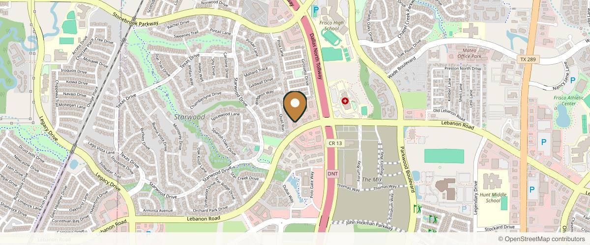 Map showing the exact location of Starwood Med Spa at 6950 Lebanon Rd #105, Frisco, TX 75034, USA