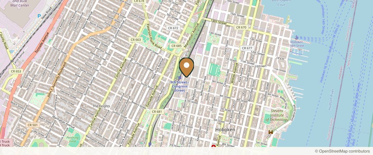 Map showing the exact location of Studio 17 Cosmetics & Wellness at 601 9th St, Hoboken, NJ 07030, USA