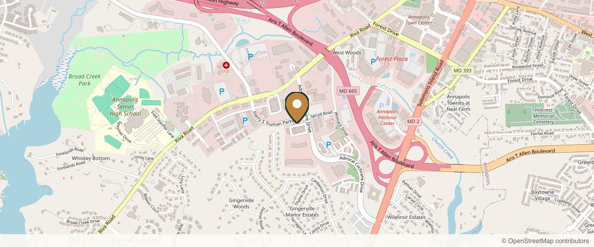Map showing the exact location of Sullivan Surgery & Spa Annapolis at 130 Admiral Cochrane Dr #300, Annapolis, MD 21401, USA