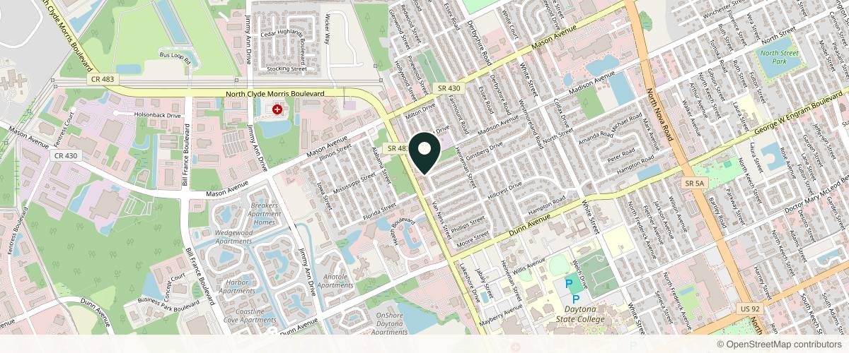 Map showing the exact location of Suncoast Skin Solutions at 655 N Clyde Morris Blvd Ste B, Daytona Beach, FL 32114, USA