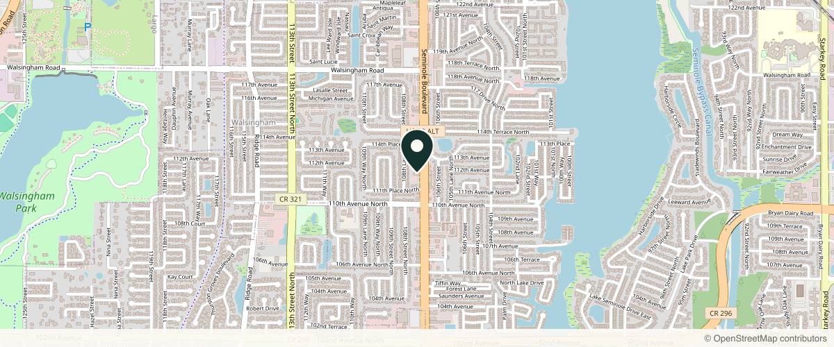 Map showing the exact location of Suncoast Skin Solutions at 11200 Seminole Blvd #201,#205, Largo, FL 33778, USA