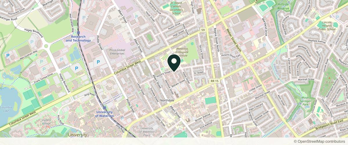 Map showing the exact location of Sunshine Cosmetic Clinic & Medi Spa at 278 Larch St, Waterloo, ON N2L 3R3, Canada