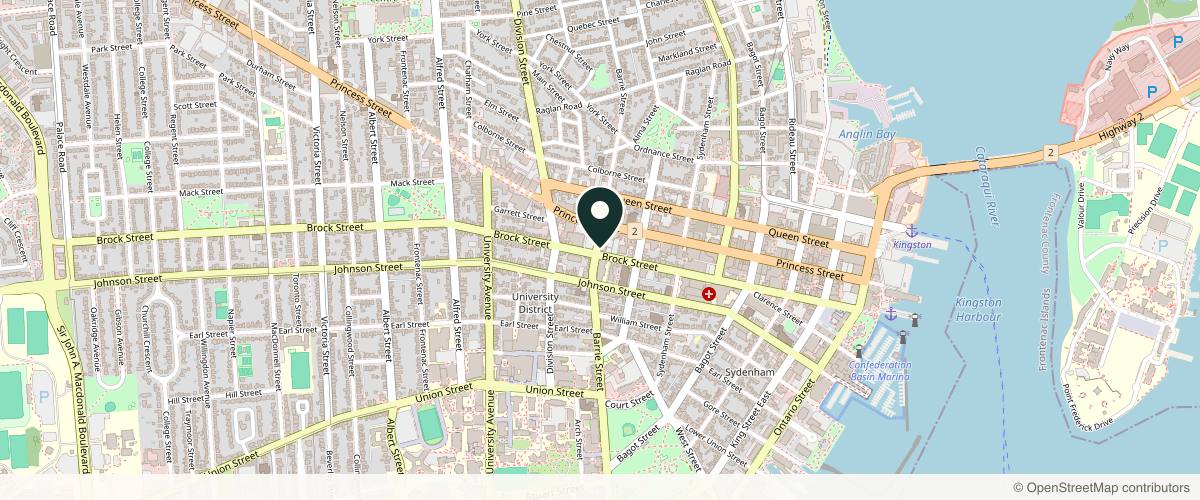 Map showing the exact location of Symphony Spa & Yoga at 295 Brock St, Kingston, ON K7L 1S5, Canada