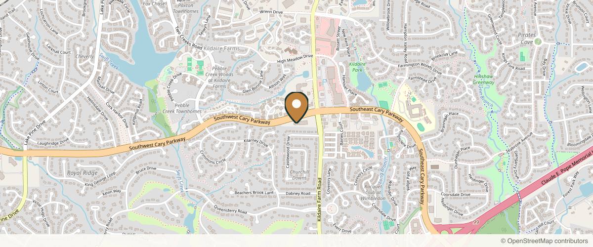 Map showing the exact location of Synergy Face + Body | Cary at 105 SW Cary Pkwy Ste 100, Cary, NC 27511, USA