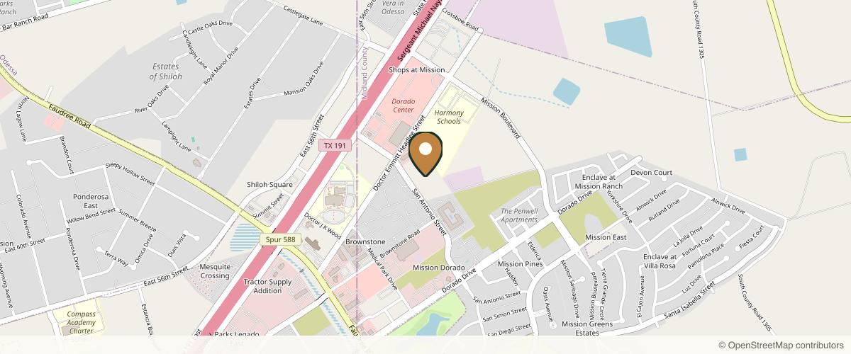 Map showing the exact location of Texas Dermatology and Facial Plastics at 4120 San Antonio St, Odessa, TX 79765, USA