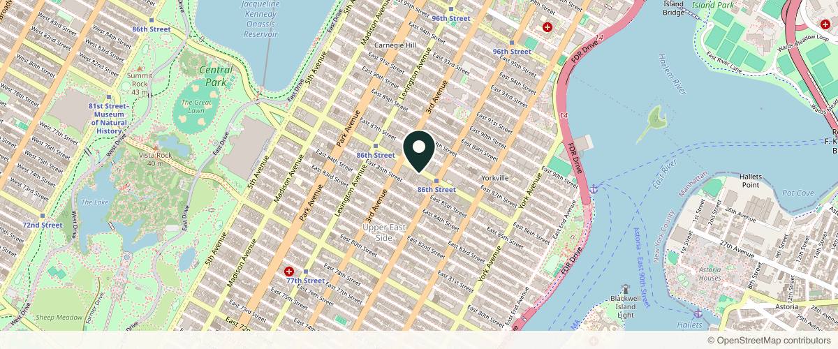Map showing the exact location of Thérapie Clinic Upper East Side at 228 East 86th St, New York, NY 10028, USA