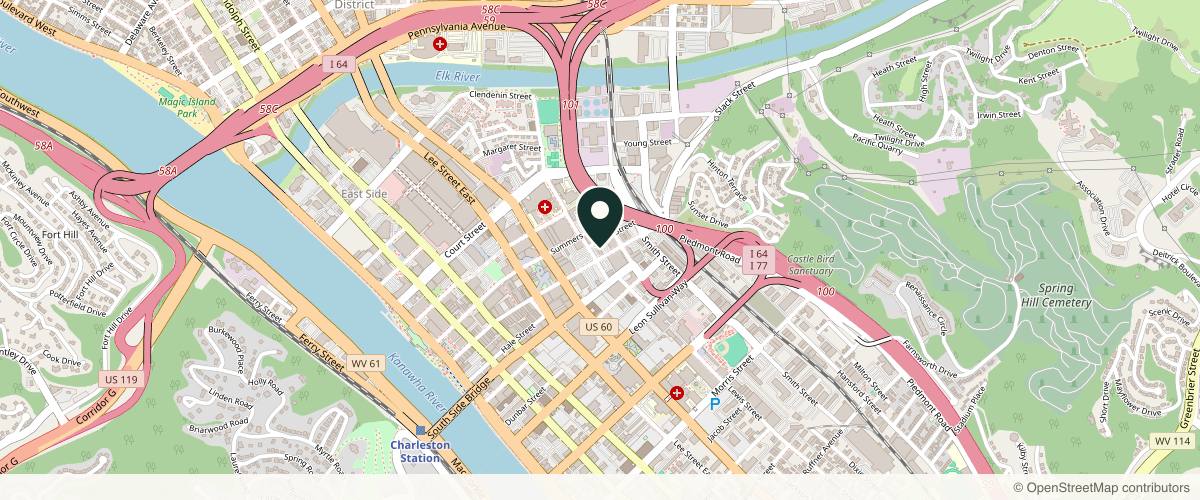 Map showing the exact location of Thaxton Plastic Surgery at 505 Capitol St, Charleston, WV 25301, USA