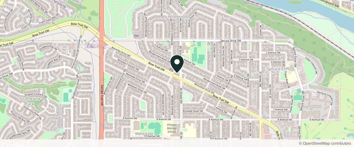 Map showing the exact location of The Aesthetic Atelier at 4620 Bow Trl SW #210, Calgary, AB T3C 3P4, Canada