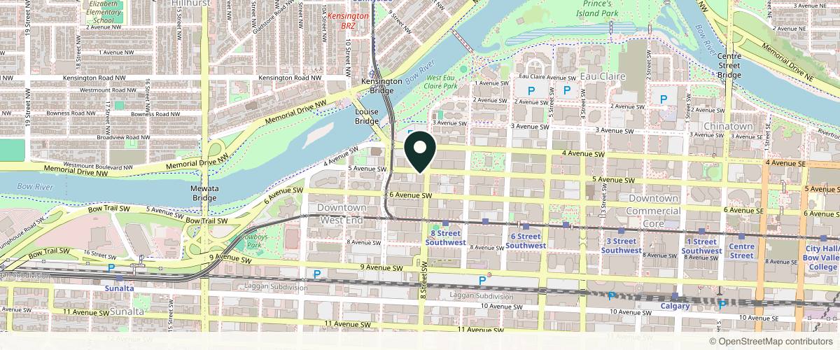 Map showing the exact location of The Aesthetic Clinic (TAC) Calgary at The Aesthetic Clinic, 909 5 Ave SW 2nd Floor, Unit S06, Calgary, AB T2P 3G5, Canada