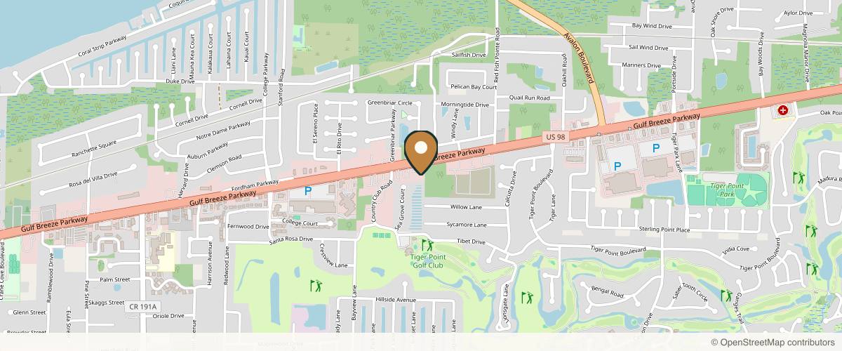 Map showing the exact location of the aesthetic collective (Restore Skin and Wellness) at 3493 Gulf Breeze Pkwy, Gulf Breeze, FL 32563, USA