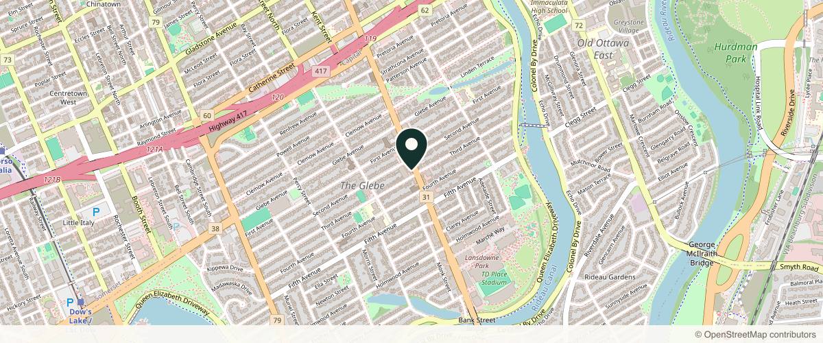 Map showing the exact location of The Aesthetic Lounge at 784 Bank St, Ottawa, ON K1S 3V6, Canada