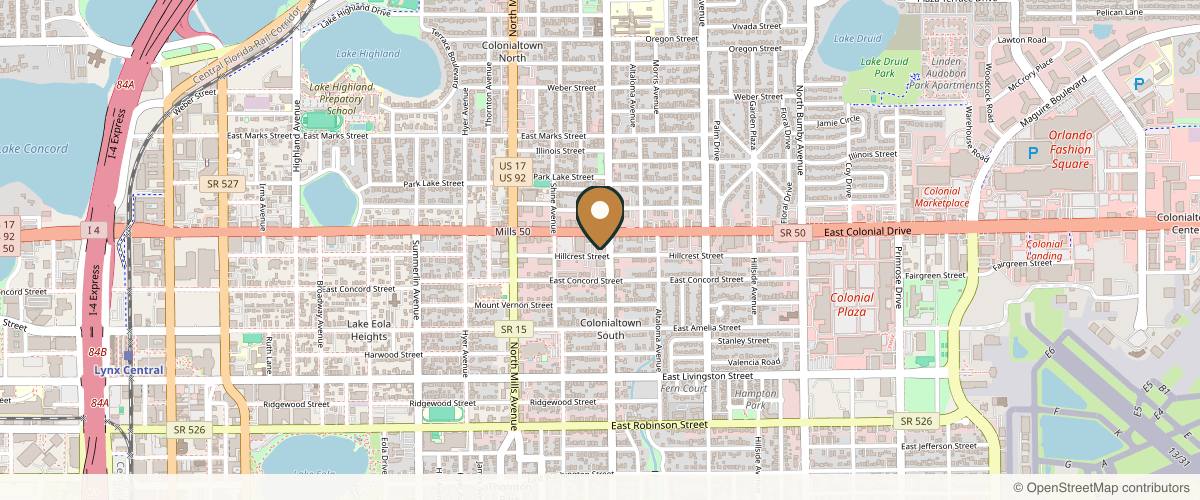 Map showing the exact location of The Aesthetics Lounge and Spa Orlando at 1517 Hillcrest St, Orlando, FL 32803, USA
