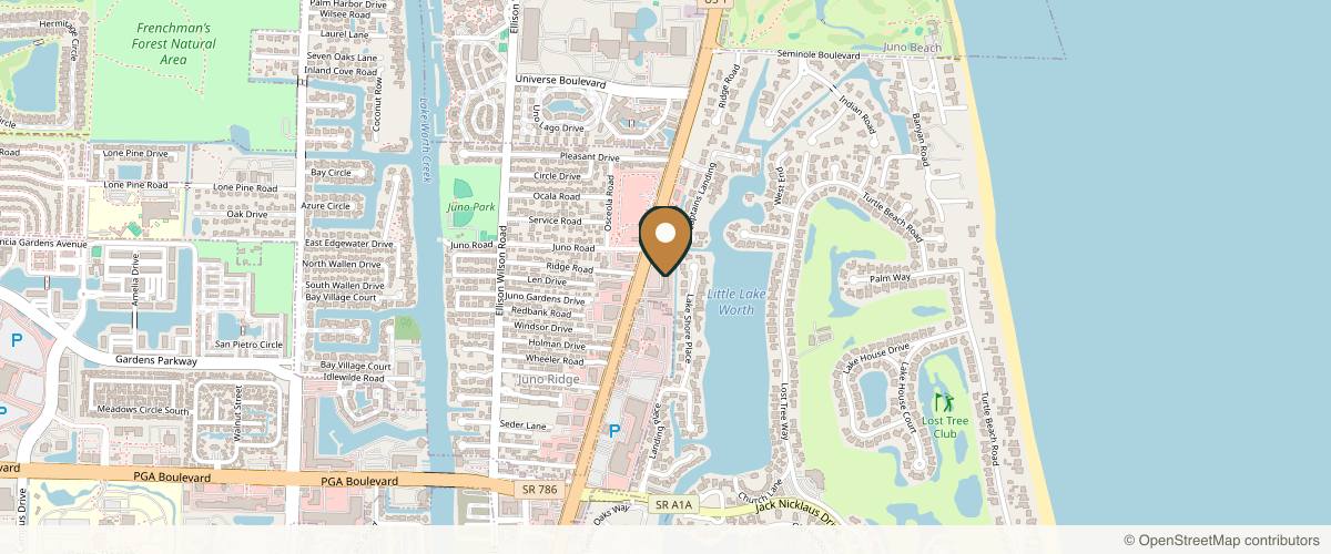 Map showing the exact location of The Aesthetics Lounge and Spa Palm Beach Gardens at 11940 US-1 Ste 125, Palm Beach Gardens, FL 33408, USA