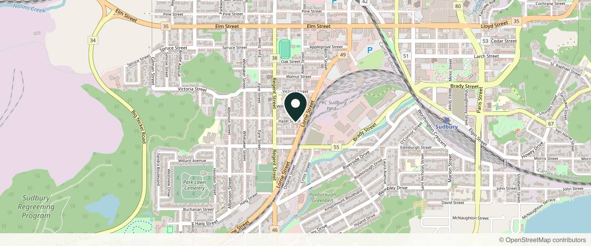 Map showing the exact location of The Cosmetic Room. at 251 Hazel St, Greater Sudbury, ON P3C 1J1, Canada