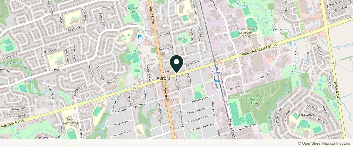 Map showing the exact location of The Derma Lounge at 38 Wellington St E Unit 2A, Aurora, ON L4G 1H5, Canada