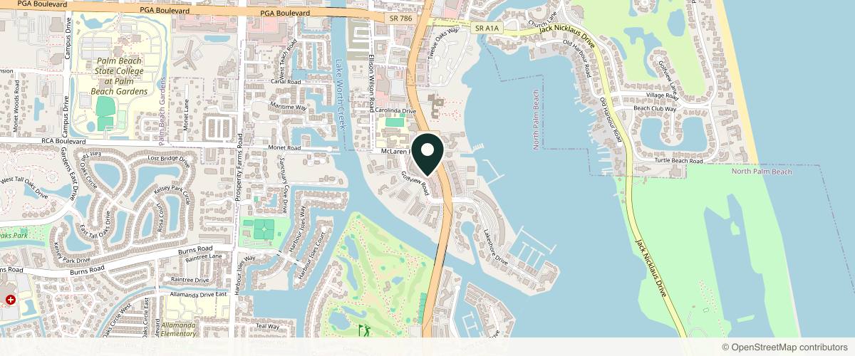 Map showing the exact location of The Garden Medical Spa, Wellness & Massage at 1201 US-1 #9, North Palm Beach, FL 33408, USA