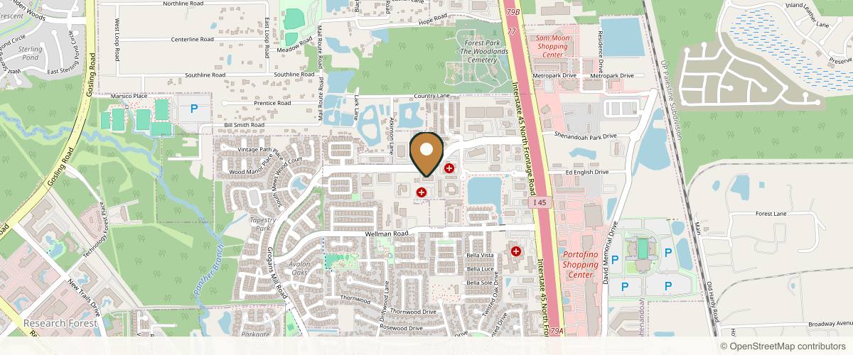 Map showing the exact location of The Gill Center for Plastic Surgery & Dermatology at 121 Vision Park Blvd Ste 100, Shenandoah, TX 77384, USA