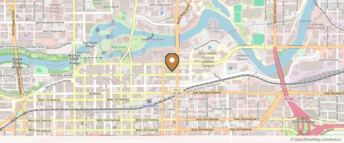 Map showing the exact location of The Glow Co at 18 W Main Ave, Spokane, WA 99201, USA