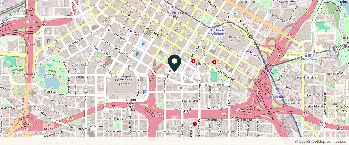 Map showing the exact location of The Glow Up at 609 S 10th St Ste 230, Minneapolis, MN 55404, USA
