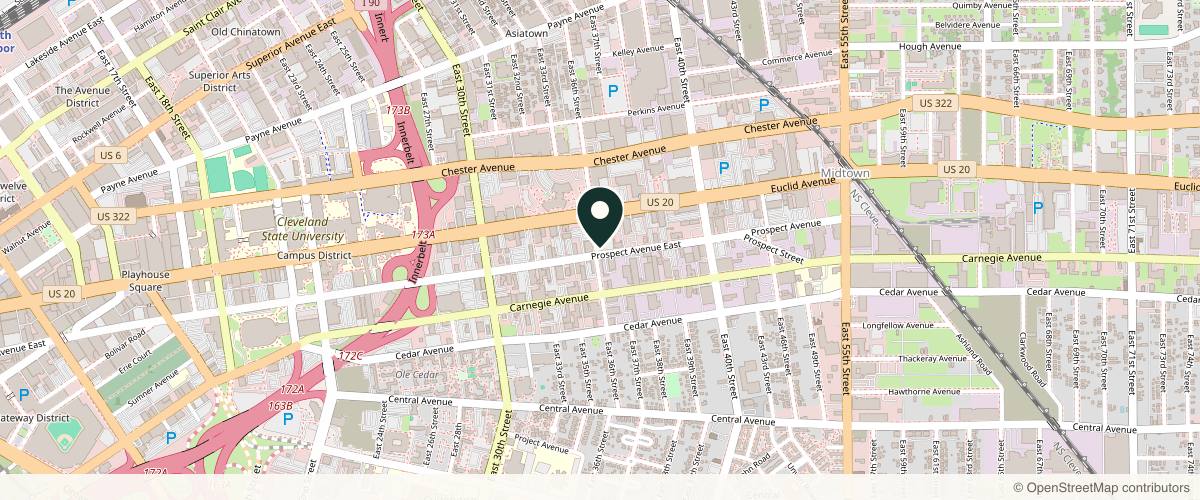 Map showing the exact location of The Indy Med Spa at 3611 Prospect Ave E, Cleveland, OH 44115, USA