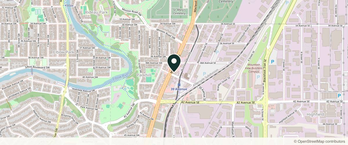 Map showing the exact location of The Injectionist & Aesthetics at 3916 Macleod Trl SE Unit 260A, Calgary, AB T2G 2C5, Canada