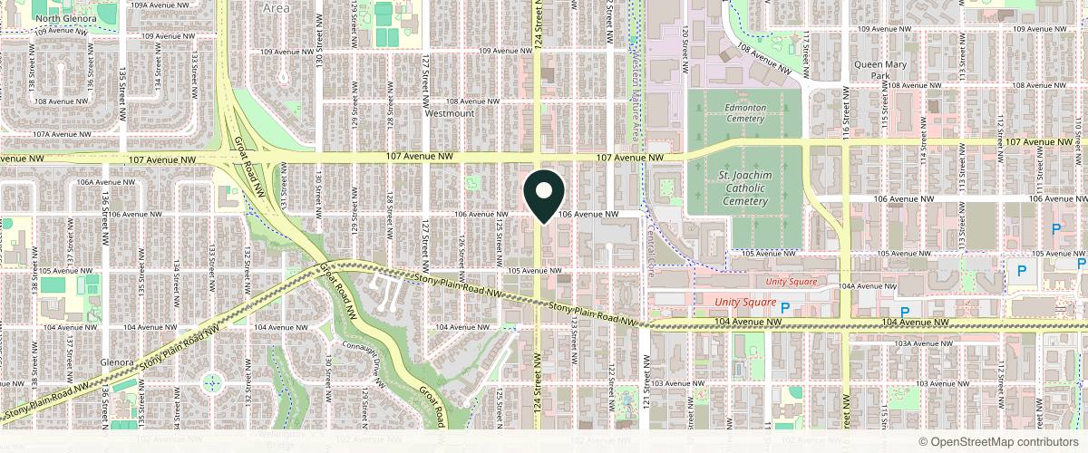 Map showing the exact location of The Injectionist & Aesthetics - Medi Spa Edmonton at 10557 124 St, Edmonton, AB T5N 1R8, Canada