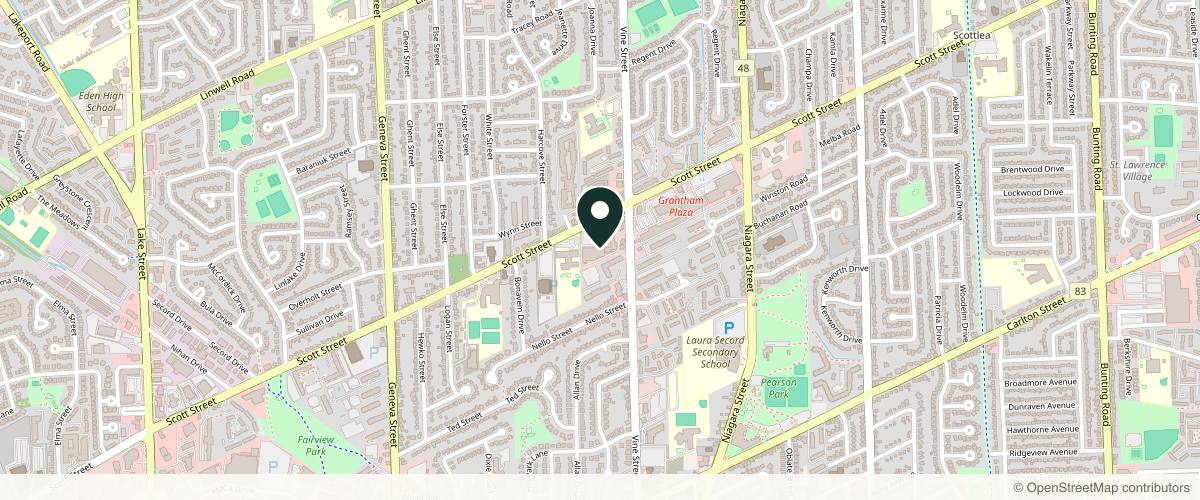 Map showing the exact location of The Laser Boutique Med Spa at 350 Scott St Ste 211, St. Catharines, ON L2N 6T4, Canada