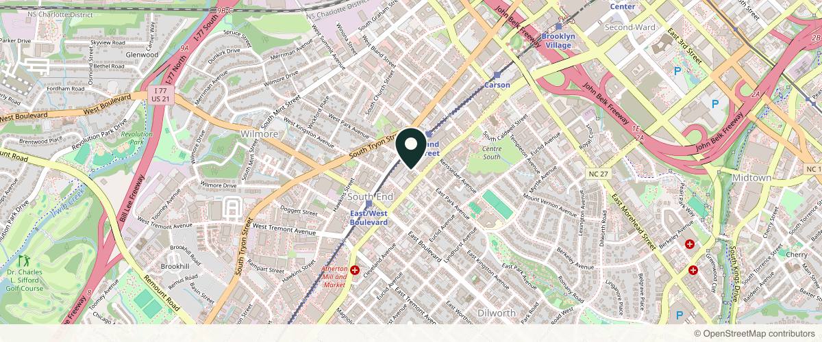 Map showing the exact location of The Maxim Clinic - South End at 128 E Park Ave A, Charlotte, NC 28203, USA