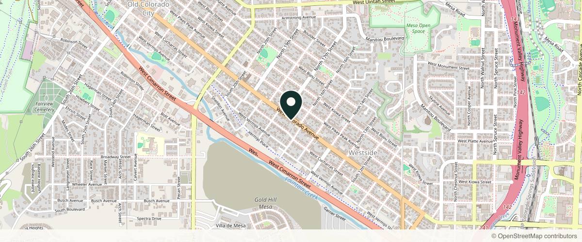 Map showing the exact location of The New Canvas at 1621 W Colorado Ave #100, Colorado Springs, CO 80904, USA