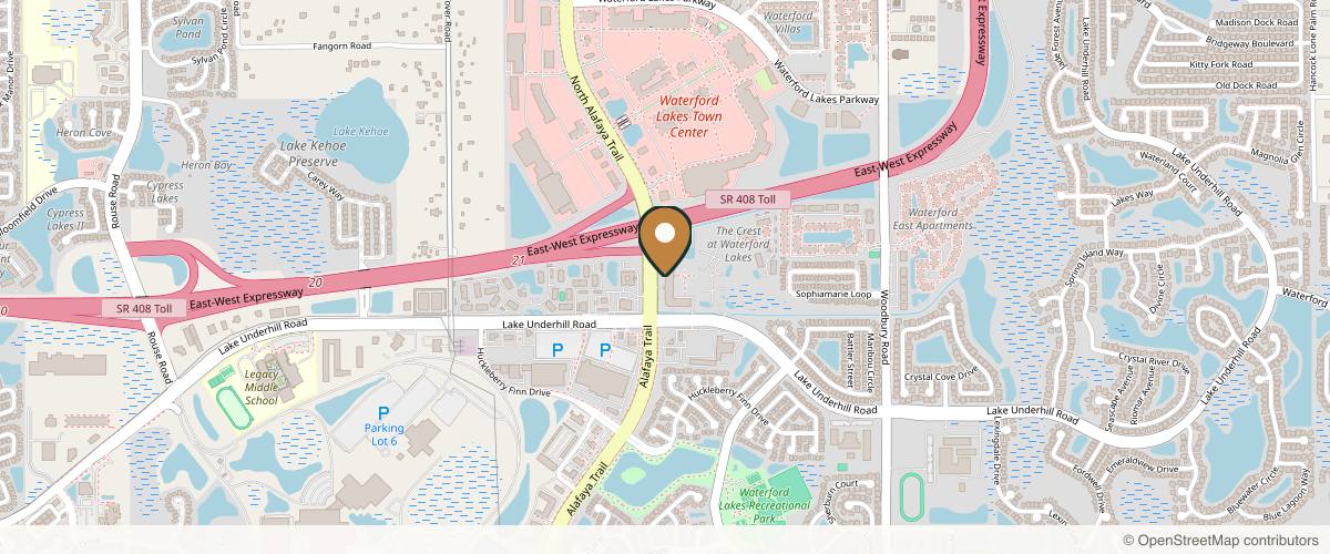Map showing the exact location of The Palm Medspa + Wellness at 12301 Lake Underhill Rd #105, Orlando, FL 32828, USA
