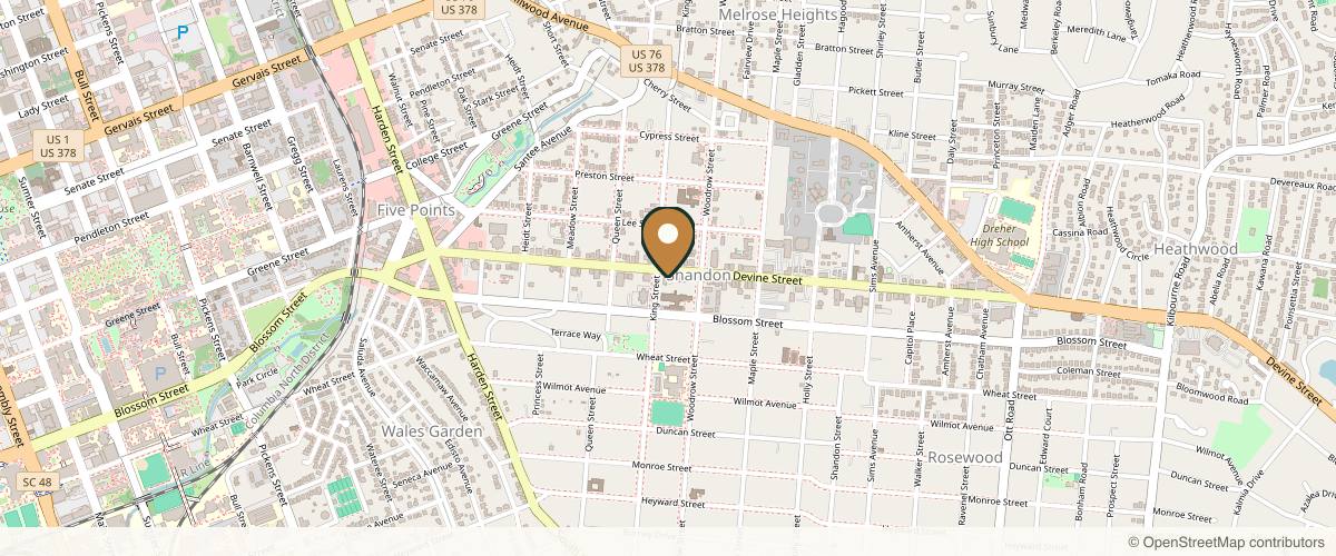 Map showing the exact location of The Skin Studio Medical Spa at 2604 Devine St, Columbia, SC 29205, USA