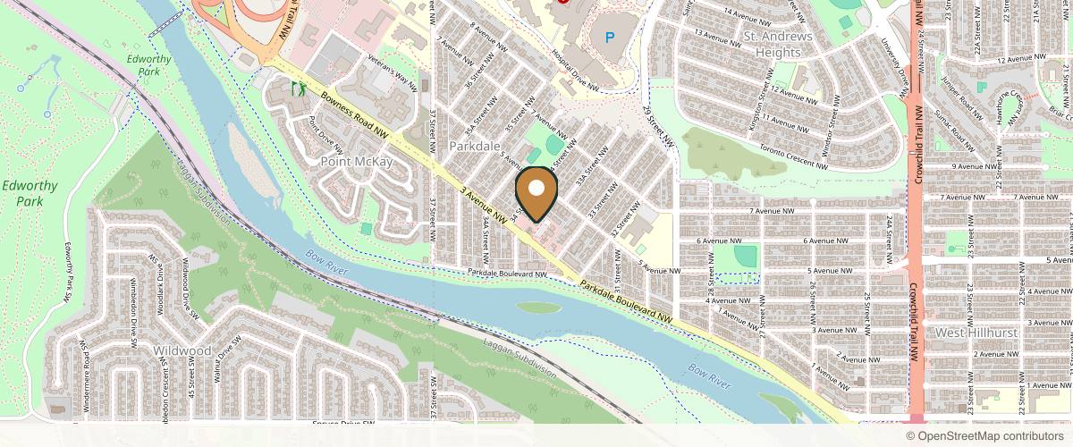 Map showing the exact location of The Skinny Spa at 3 Parkdale Crescent NW, Calgary, AB