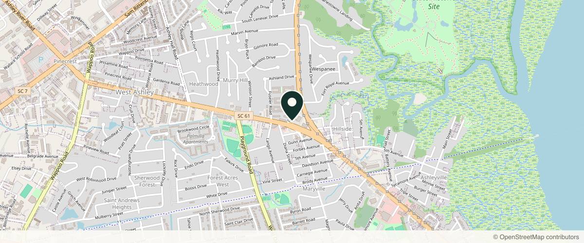 Map showing the exact location of The Spa West Ashley at 2 Carriage Ln 2nd floor, Charleston, SC 29407, USA