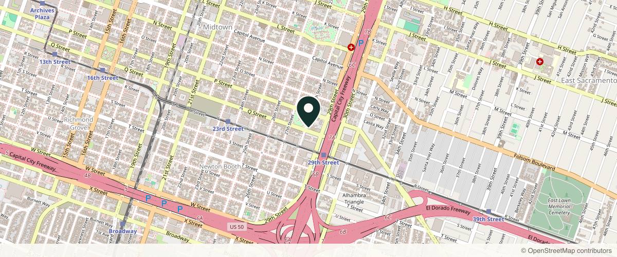 Map showing the exact location of Tua Pelle Medical Spa at 2801 Q St, Sacramento, CA 95816, USA
