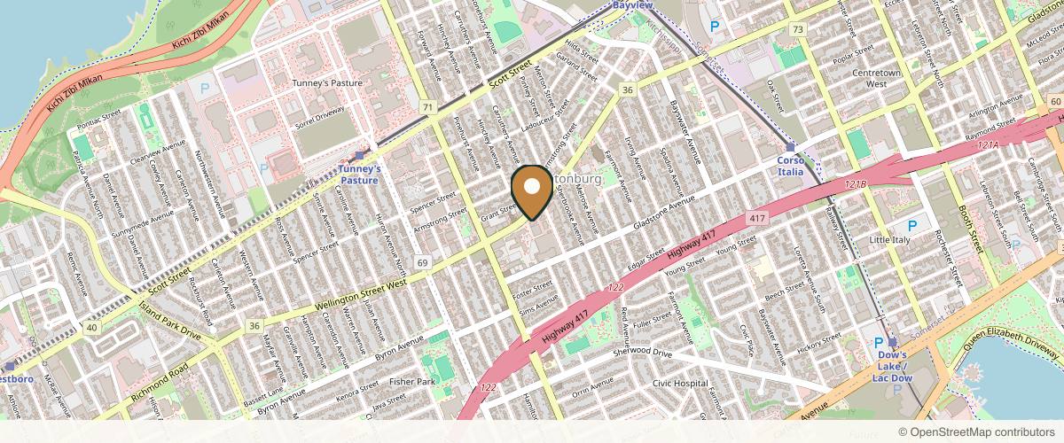 Map showing the exact location of Uppliva Sauna & Spa at 1140 Wellington St. W Ste C100, Ottawa, ON K1Y 4H4, Canada