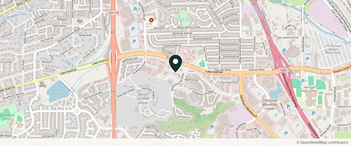 Map showing the exact location of Vanguard Skin Specialists at 2620 Tenderfoot Hill St Ste 110, Colorado Springs, CO 80906