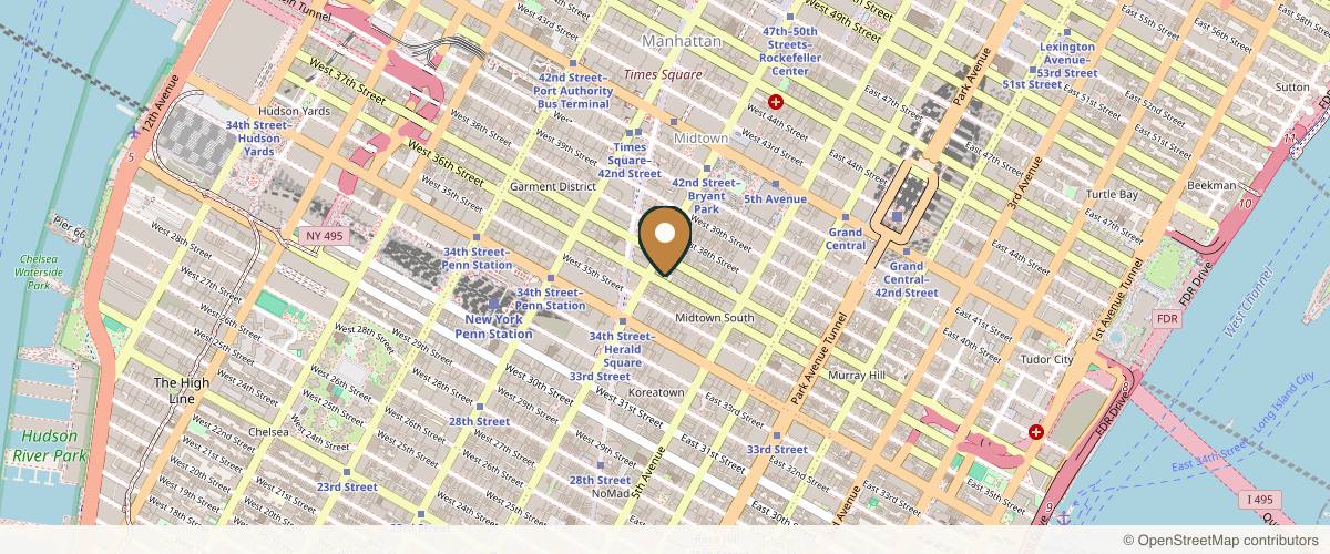 Map showing the exact location of Vee Medical at 65 W 36th St. 10th fl, New York, NY 10018, USA
