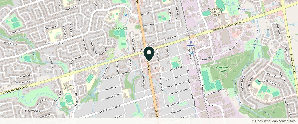 Map showing the exact location of Velmont Medical Clinic at 15187 Yonge St, Aurora, ON L4G 1L8, Canada