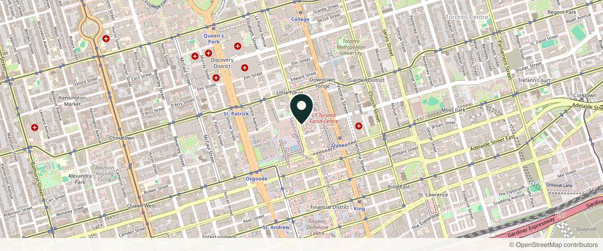 Map showing the exact location of Victoria Park Medispa - Toronto Bay at 483 Bay St. #104, Toronto, ON M5G 2C9, Canada