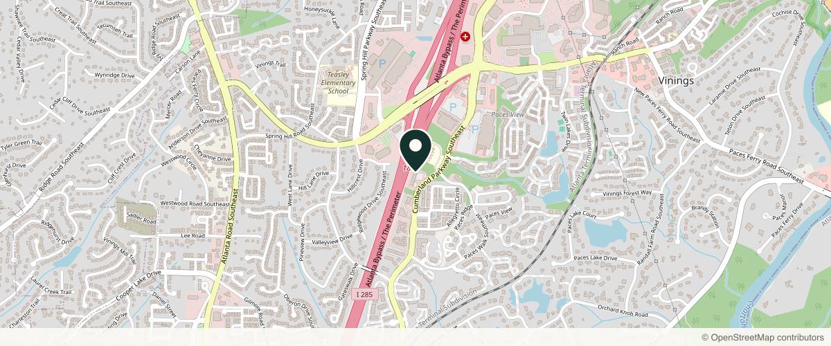 Map showing the exact location of Vinings Med Spa • Skincare • Massage • Body Treatments at 2355 Cumberland Pkwy SE #130, Atlanta, GA 30339, USA