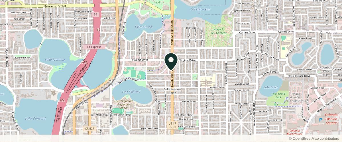 Map showing the exact location of Vitality Medical Aesthetics at 1318 N Mills Ave, Orlando, FL 32803, USA