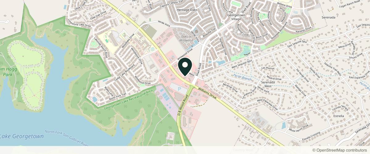 Map showing the exact location of Vitalogy Skincare - Georgetown at 4513 Williams Dr, Georgetown, TX 78633, USA