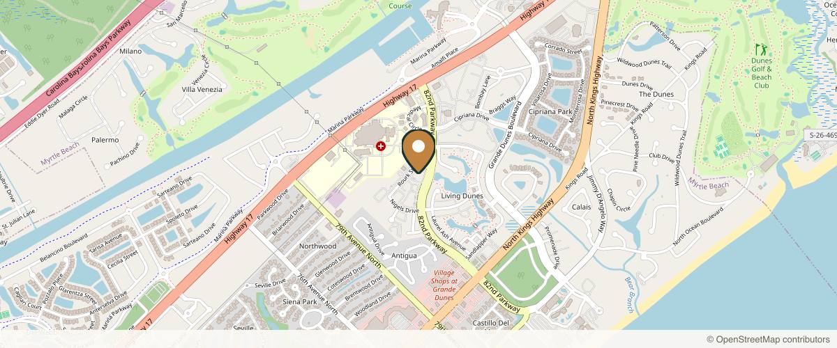 Map showing the exact location of Waccamaw Dermatology - Myrtle Beach - Rourk St - Suite 100 at 8170 Rourk St #100, Myrtle Beach, SC 29572, USA