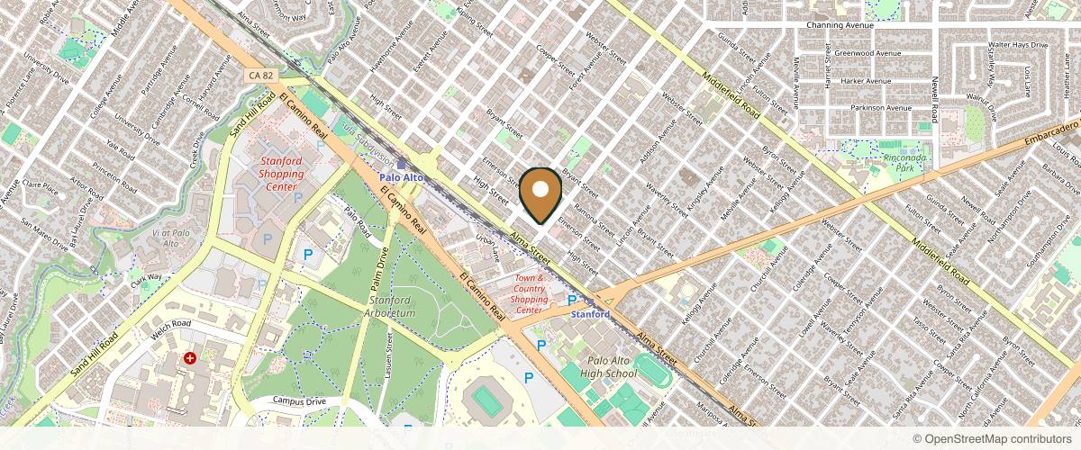 Map showing the exact location of Watercourse Way Bath House Spa at 165 Channing Ave, Palo Alto, CA 94301, USA