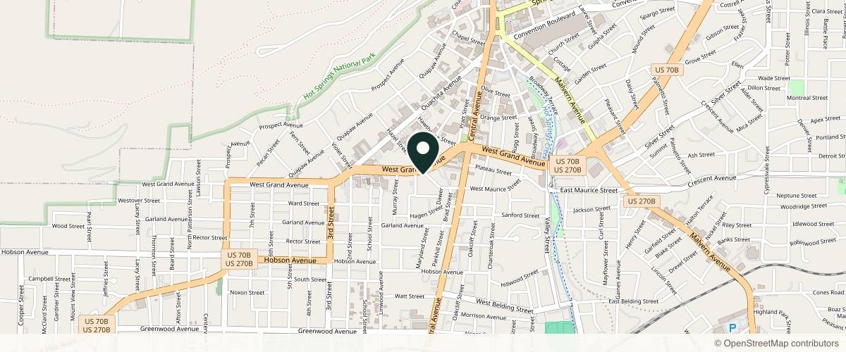 Map showing the exact location of Weight Loss Center of Arkansas & Laser Solutions Med Spa at 501 W Grand Ave, Hot Springs, AR 71901, USA