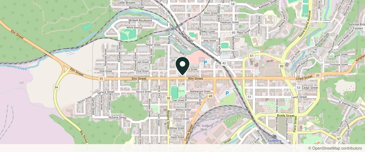 Map showing the exact location of West End Wellness and Medical Aesthetics at 256 Elm St, Greater Sudbury, ON P3C 1V4, Canada