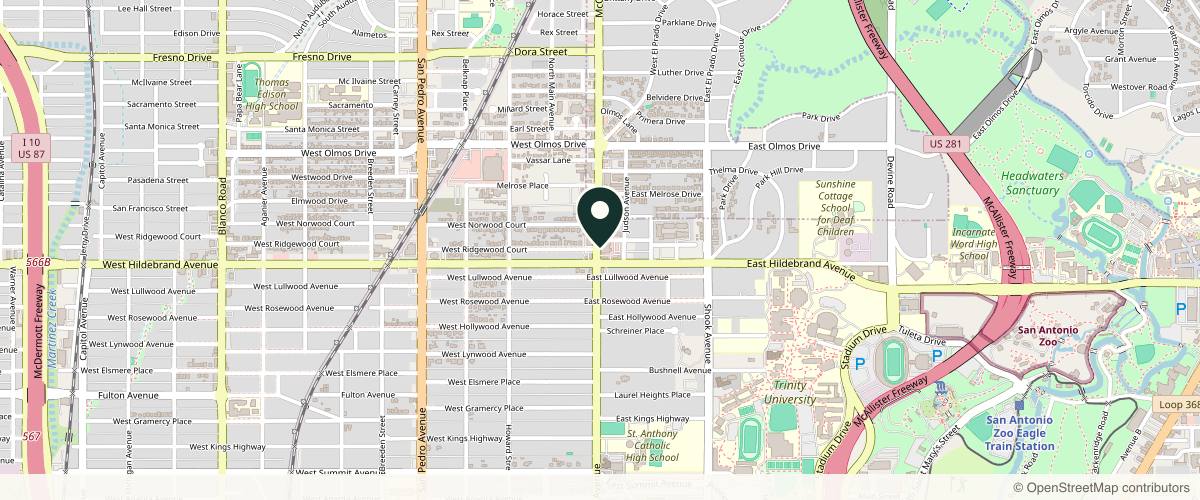 Map showing the exact location of Westlake Dermatology & Cosmetic Surgery - Olmos Park at 3910 McCullough Ave Ste 106, San Antonio, TX 78212