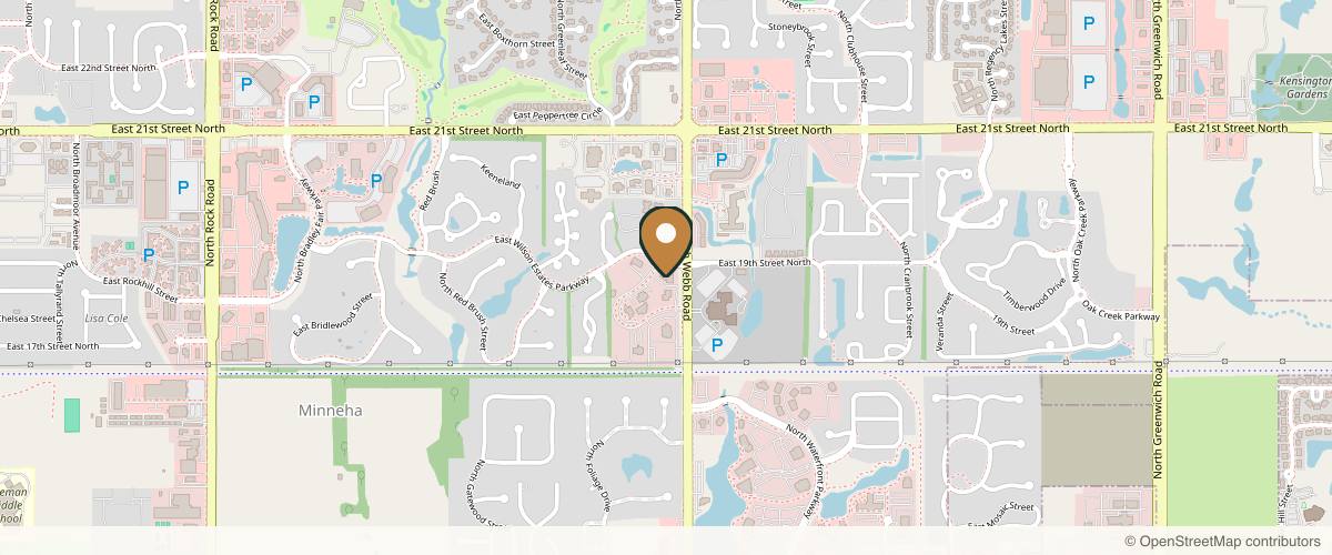 Map showing the exact location of Wichita Dermatology & Aesthetics, LLC at 1911 N Webb Rd, Wichita, KS 67206, USA