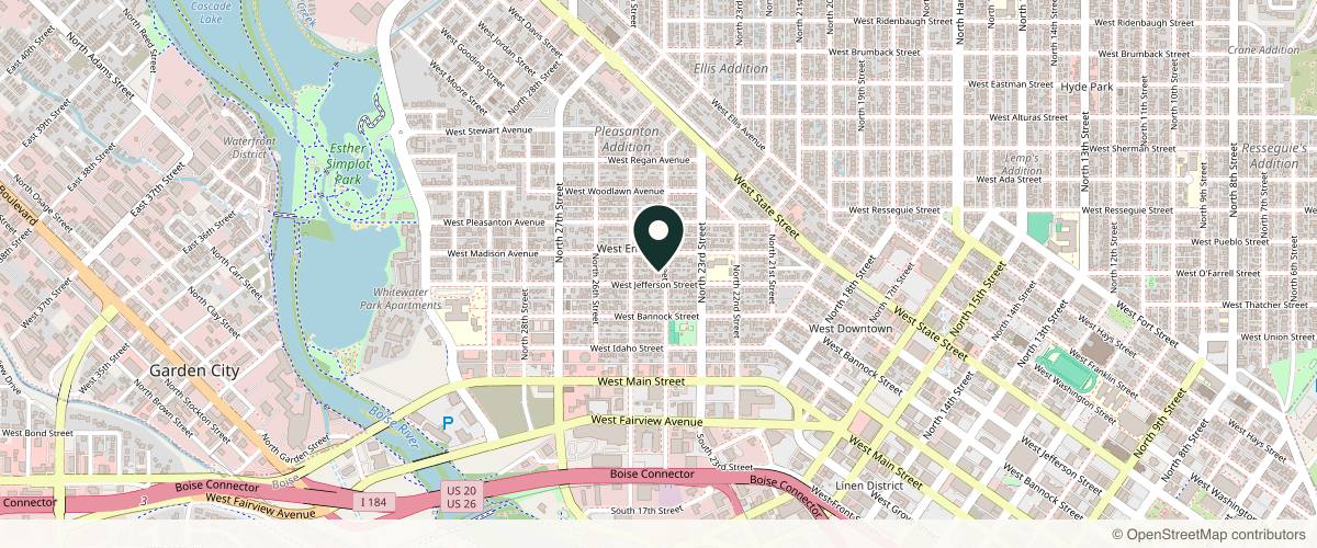 Map showing the exact location of wildfire aesthetics at 2402 W Jefferson St, Boise, ID 83702, USA